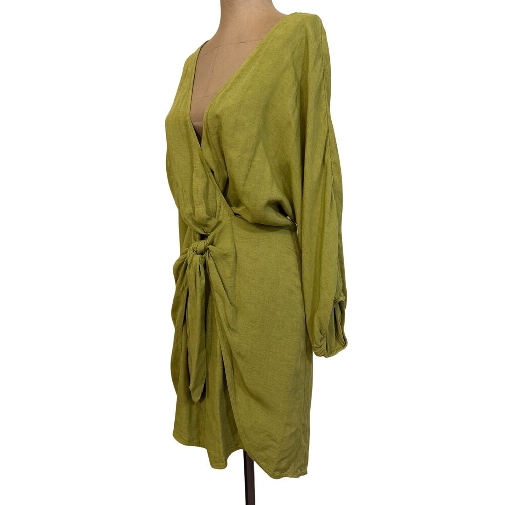 Anthropologie Mini Dress Green Linen Blend Wrap Kimono Dress - Picture 5 of 10